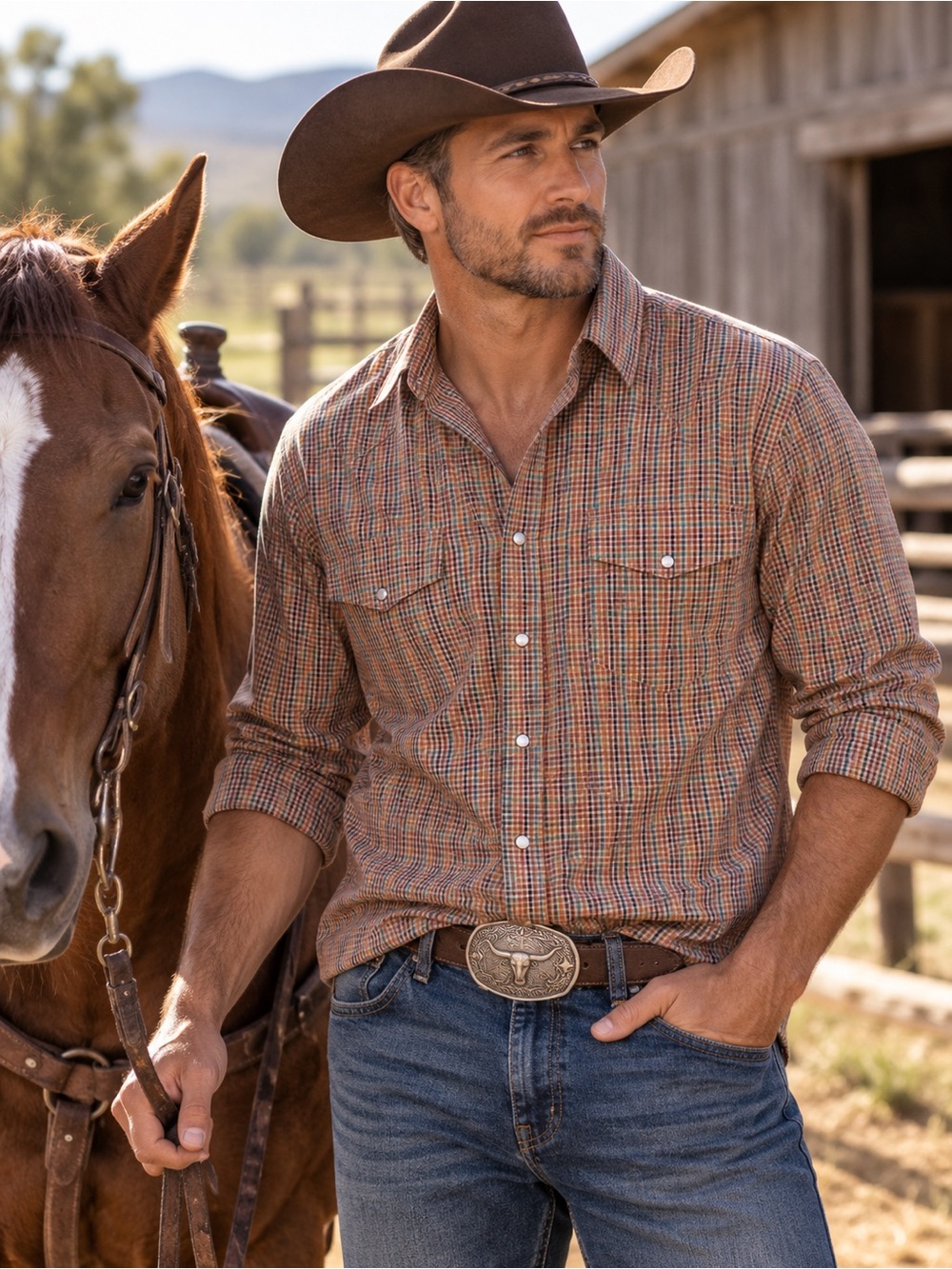 Wrangler Men's Multi-Tone Brown Plaid Earl Snap Western Shirt long sleeve